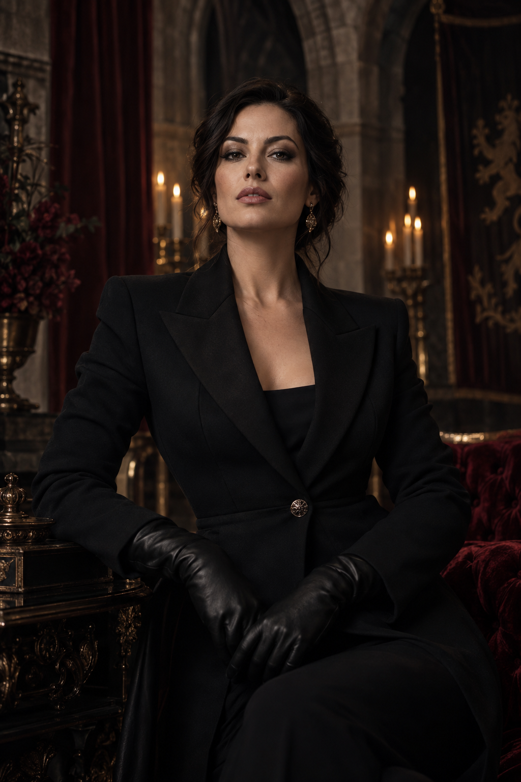 Confident woman in black in a gothic chamber